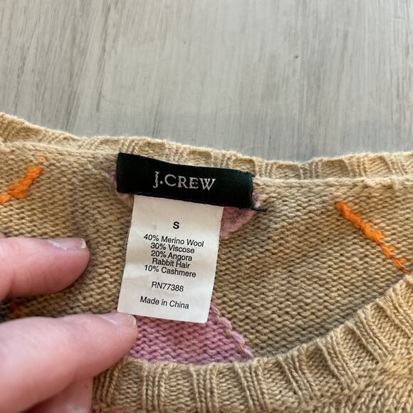 J Crew Tan Pink Argyle Sweater Women’s Sz S Merino Wool Angora Academia Preppy - Picture 5 of 7